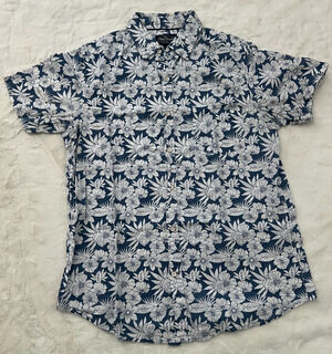 Nat Nast Mens Medium Blue White Floral Hawaiian Shirt Short Sleeve Button Up